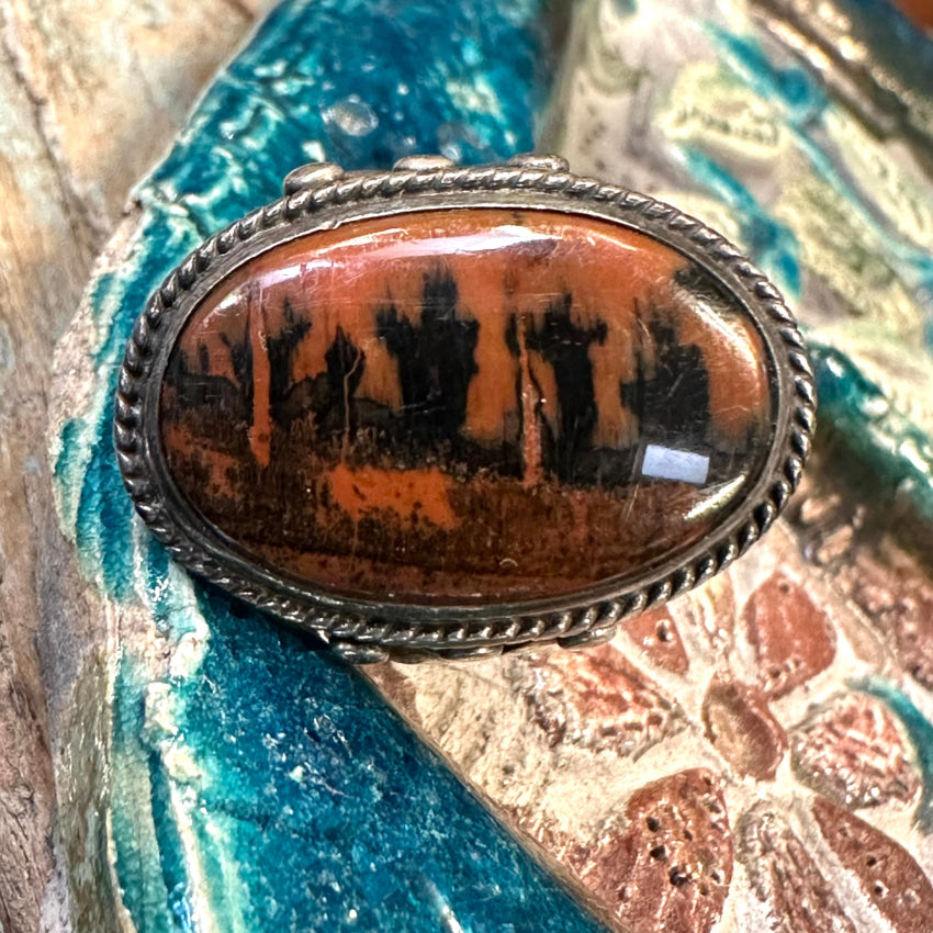 Vintage Navajo Landscape Petrified Wood Raindrop Ring Size 6 Sterling Ring