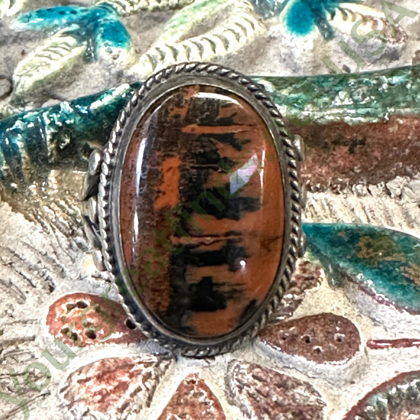Vintage Navajo Landscape Petrified Wood Raindrop Ring Size 6 Sterling Ring