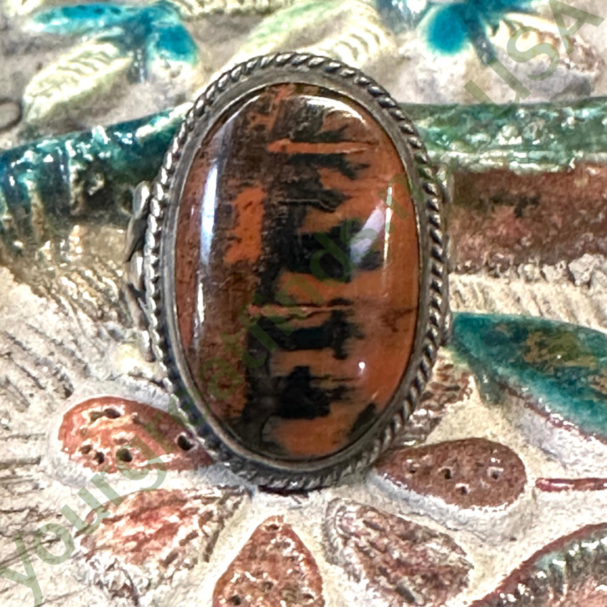 Vintage Navajo Landscape Petrified Wood Raindrop Ring Size 6 Sterling Ring