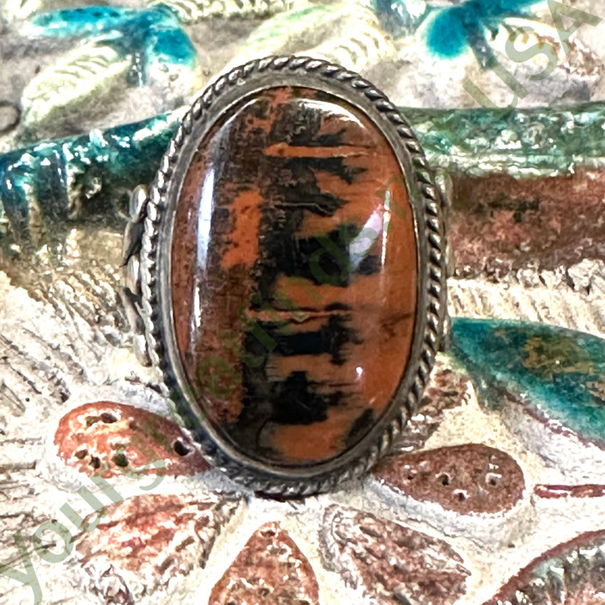 Vintage Navajo Landscape Petrified Wood Raindrop Ring Size 6 Sterling Ring