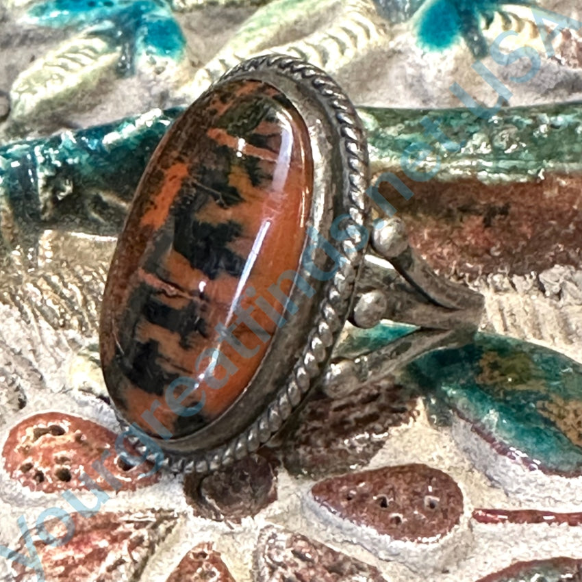 Vintage Navajo Landscape Petrified Wood Raindrop Ring Size 6 Sterling Ring