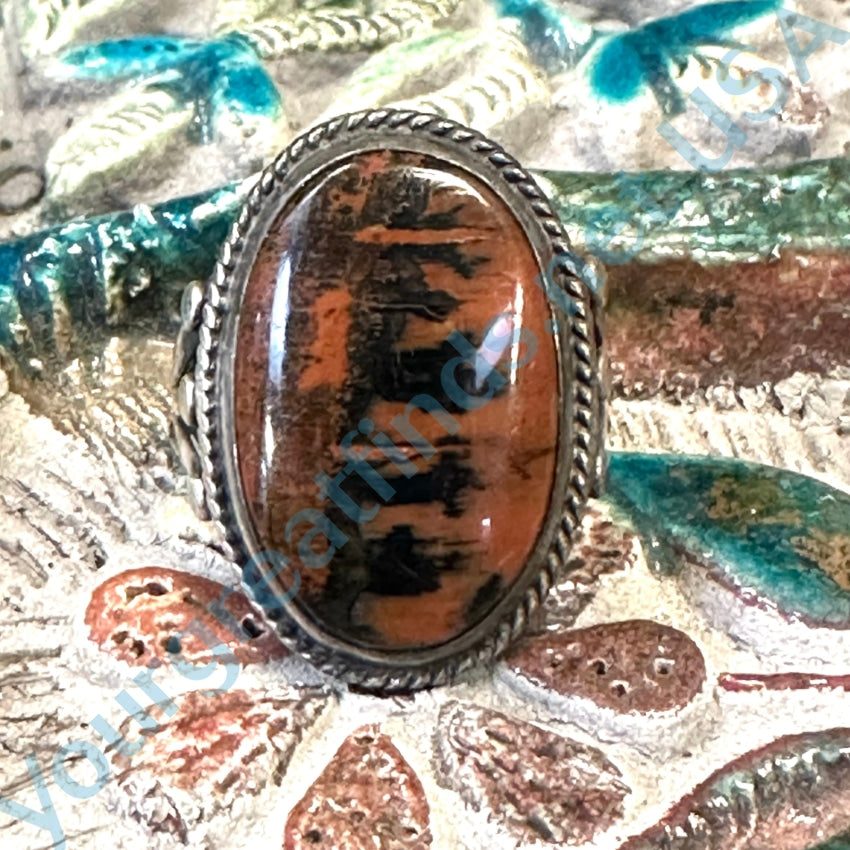 Vintage Navajo Landscape Petrified Wood Raindrop Ring Size 6 Sterling Ring