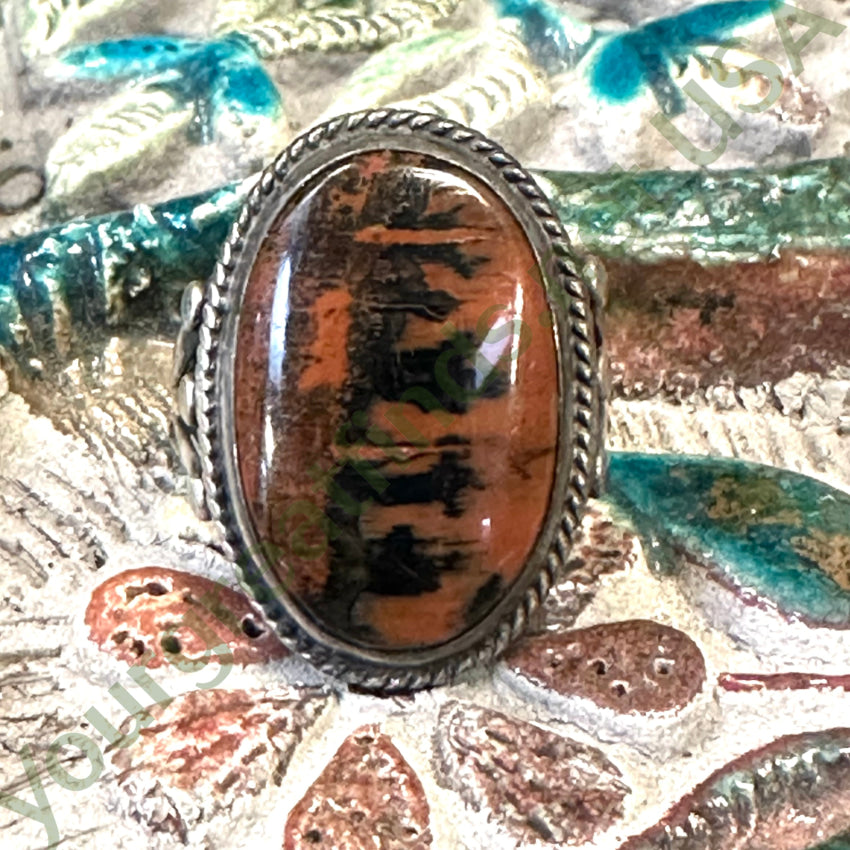 Vintage Navajo Landscape Petrified Wood Raindrop Ring Size 6 Sterling Ring