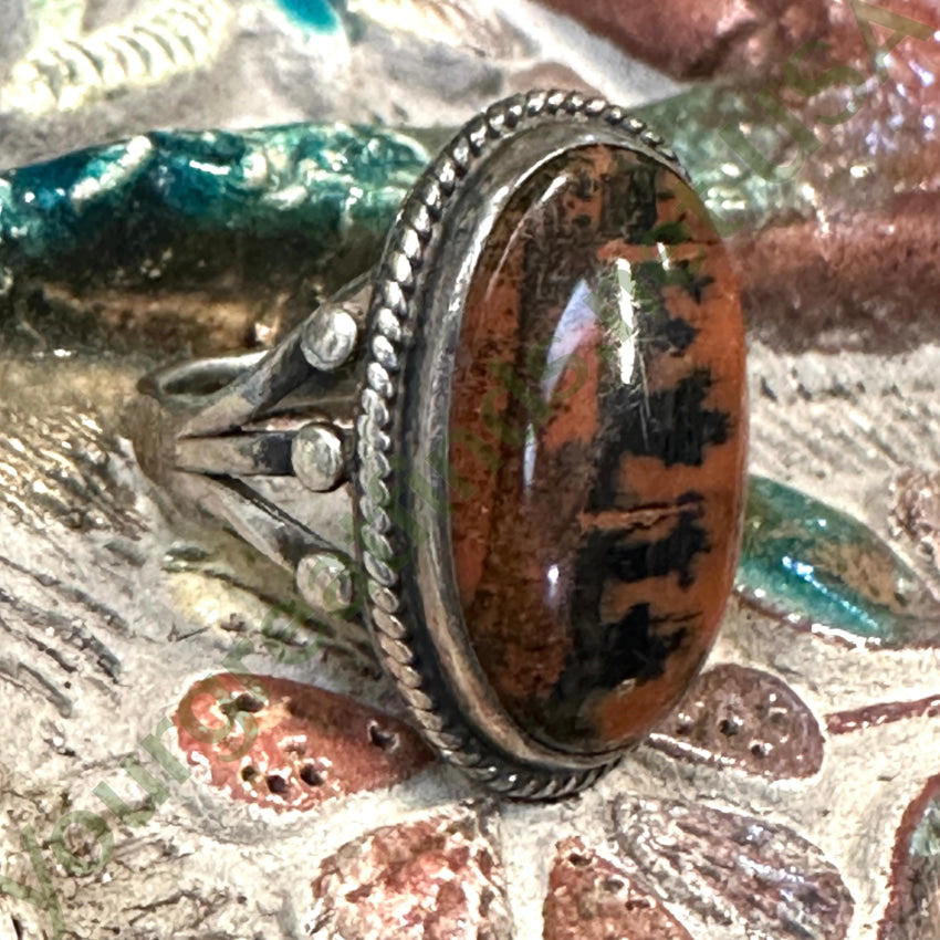 Vintage Navajo Landscape Petrified Wood Raindrop Ring Size 6 Sterling Ring