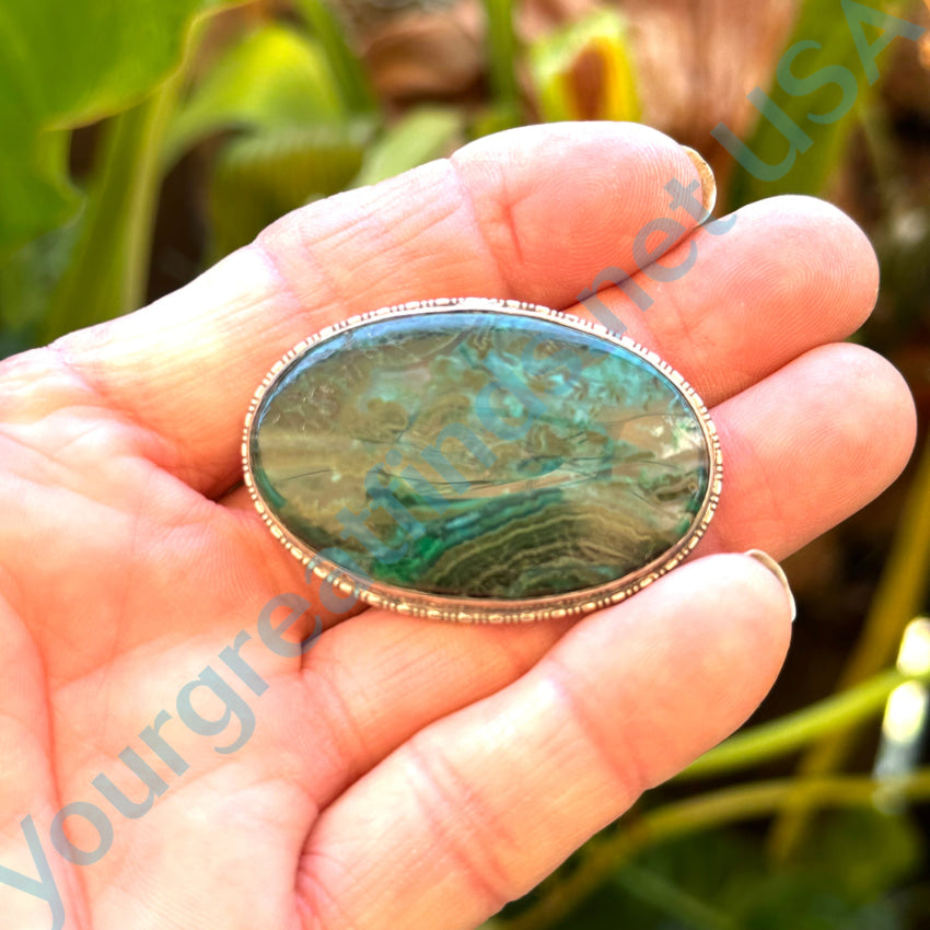 Vintage Navajo Large Oval Brooch Pin Chrysocolla Malachite Pin Brooch