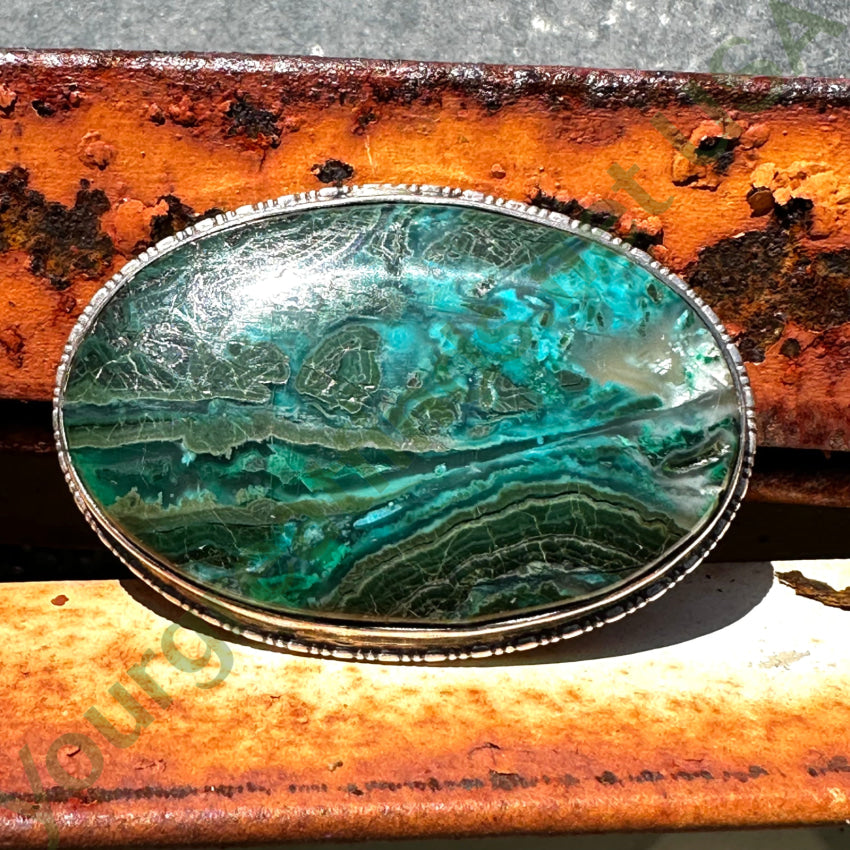Vintage Navajo Large Oval Brooch Pin Chrysocolla Malachite Pin Brooch
