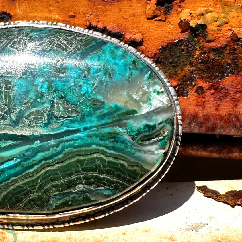 Vintage Navajo Large Oval Brooch Pin Chrysocolla Malachite Pin Brooch