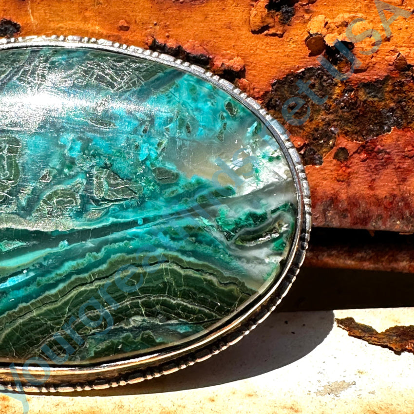 Vintage Navajo Large Oval Brooch Pin Chrysocolla Malachite Pin Brooch