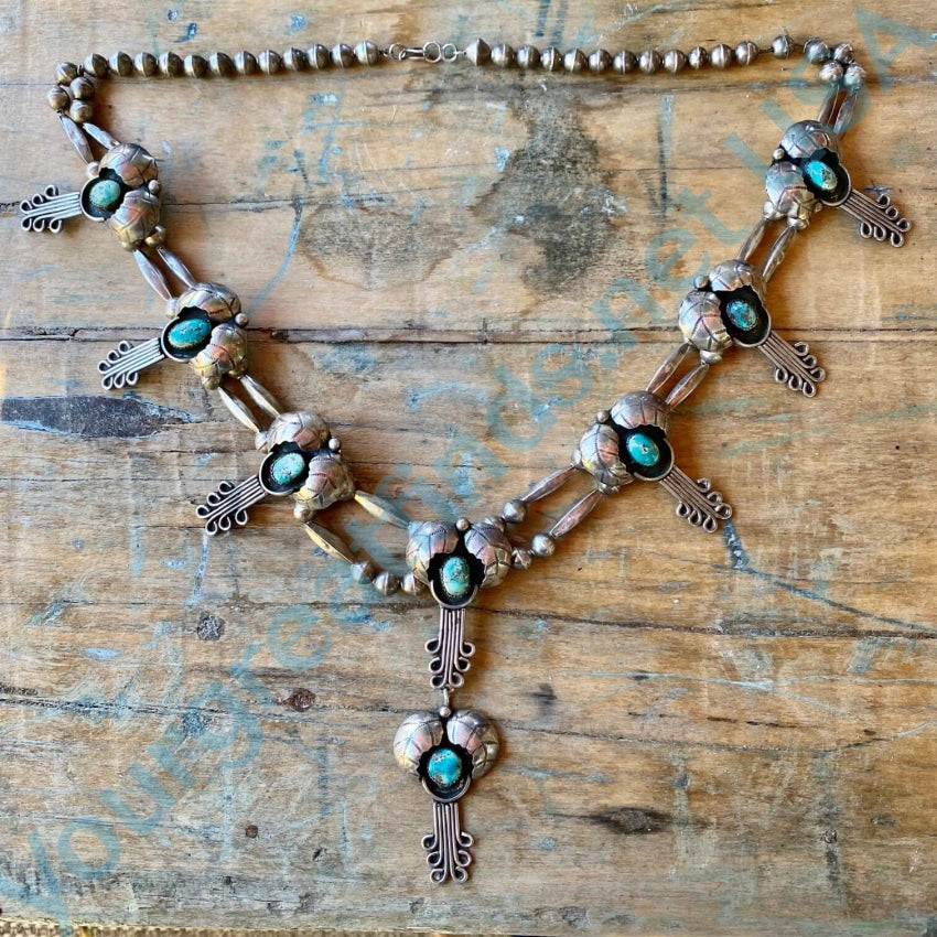 Navajo Squash Blossom Turquoise Necklace Set 43400