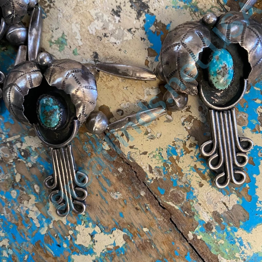 Vintage Navajo Modified Squash Blossom Necklace Turquoise 925 ...