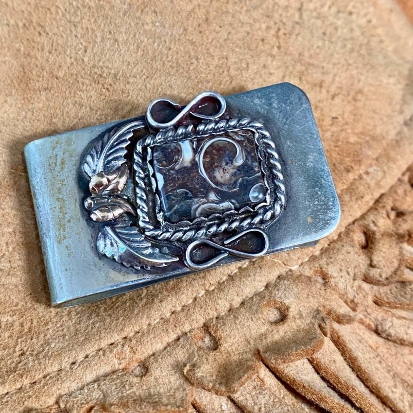 Vintage Navajo Money Clip Agate Sterling Silver Gold Yourgreatfinds