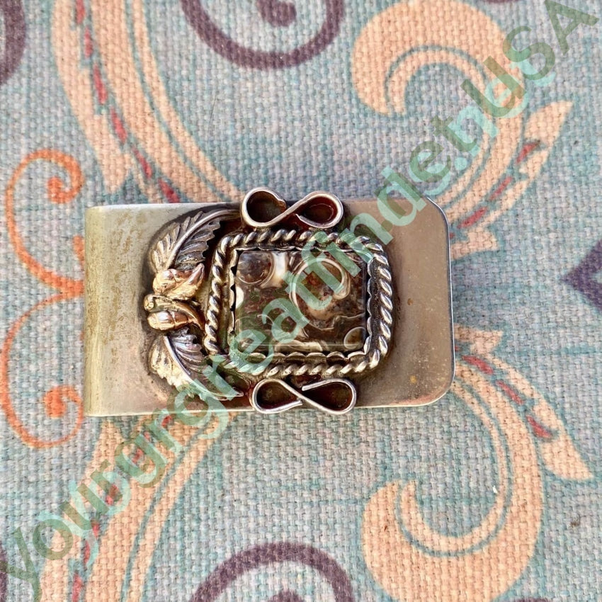 Vintage Navajo Money Clip Agate Sterling Silver Gold Yourgreatfinds