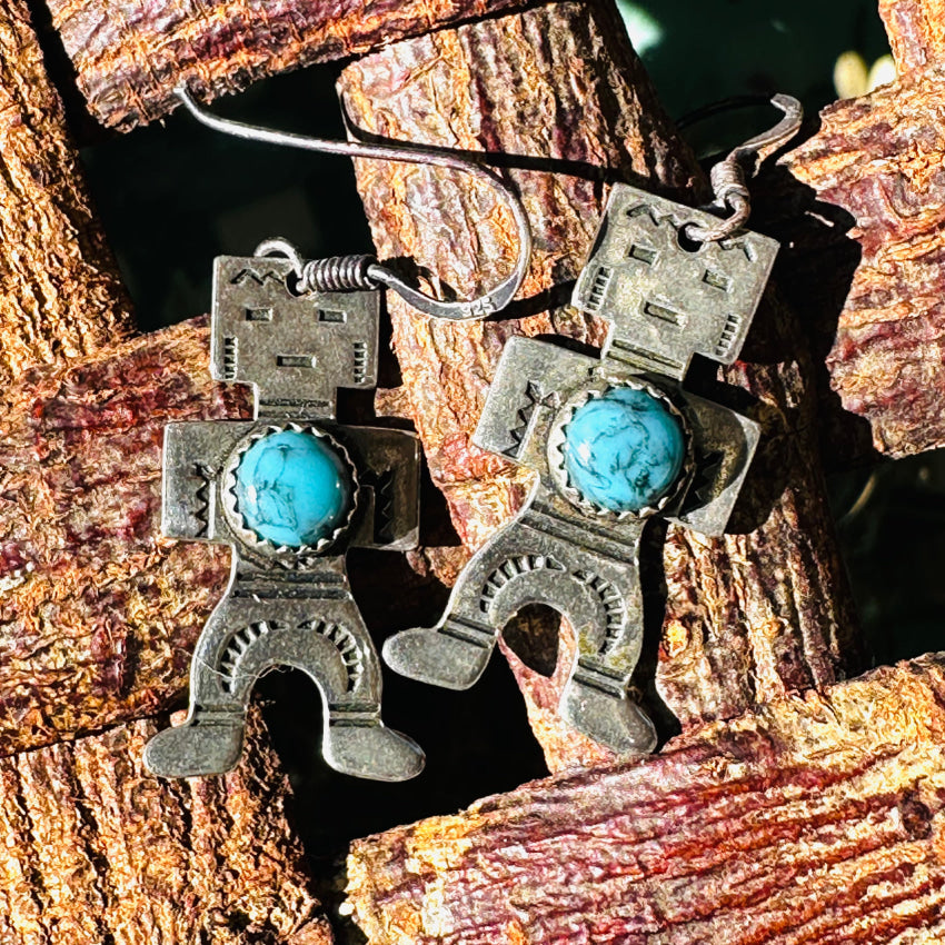 Vintage Navajo Nickel Silver Yei Figure Pierced Earrings