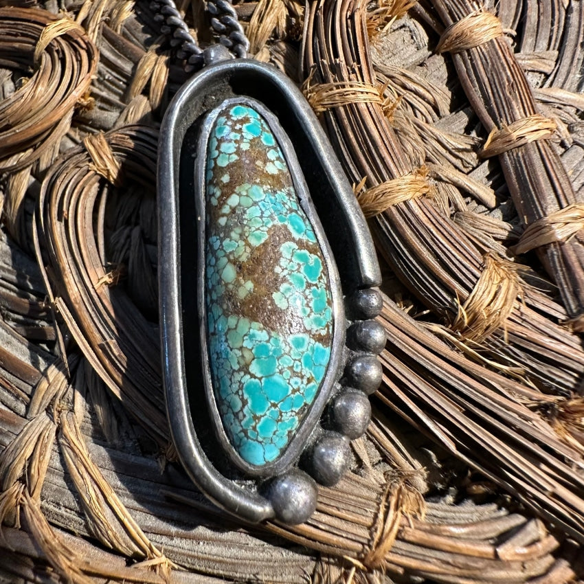 Vintage Navajo No.8 Turquoise Pendant Chain Necklace Sterling Silver