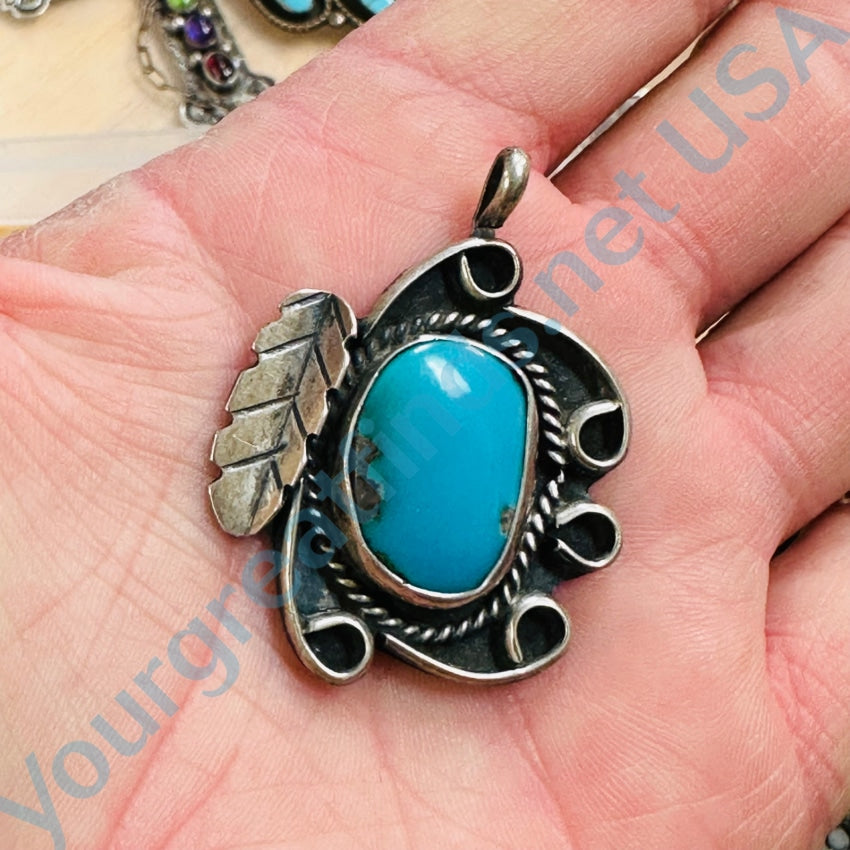 Vintage Navajo One Feather Pendant Blue Turquoise Larger Size