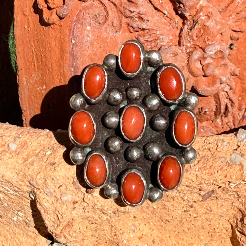 Vintage Navajo Red Coral Rosette Cluster Ring Sterling Silver Size 7 ring