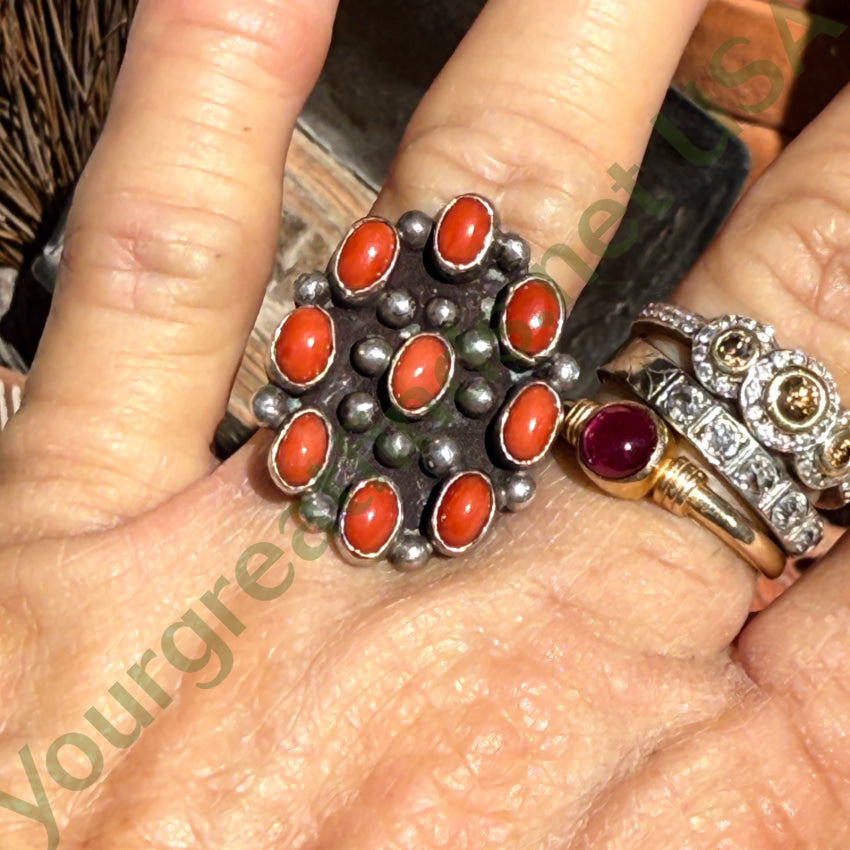 Vintage Navajo Red Coral Rosette Cluster Ring Sterling Silver Size 7 ring