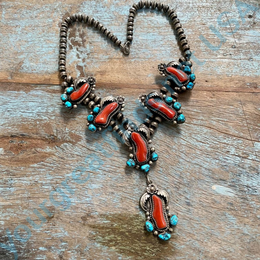 Vintage Navajo Red Coral Turquoise Beaded Necklace Sterling Silver -  Yourgreatfinds