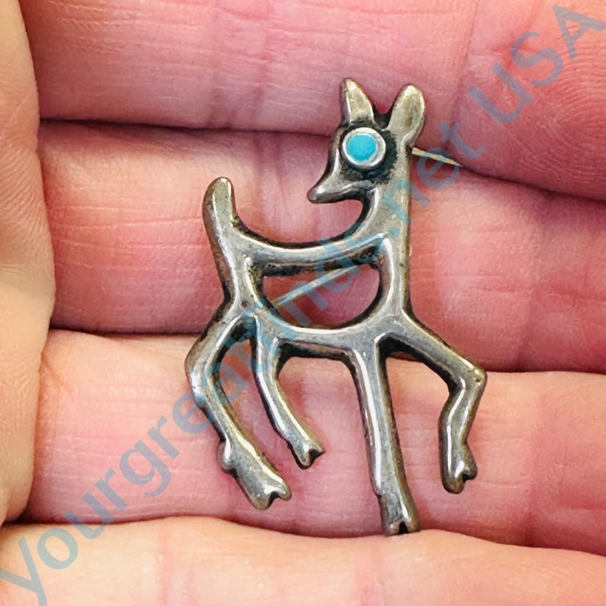 Vintage Navajo Sand Cast Sterling Silver Deer Pin Turquoise