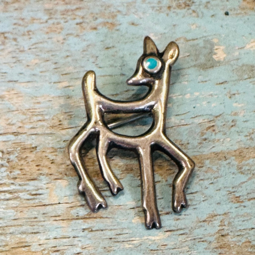 Vintage Navajo Sand Cast Sterling Silver Deer Pin Turquoise