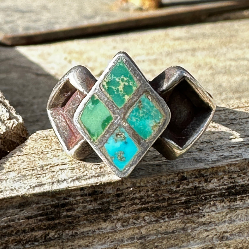 Vintage Navajo Sand Cast Sterling Silver & Inlay Turquoise Ring 6.25 Ring