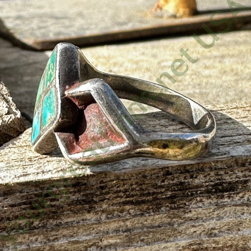 Vintage Navajo Sand Cast Sterling Silver & Inlay Turquoise Ring 6.25 Ring