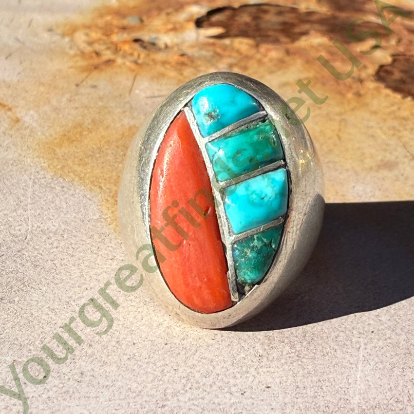 Vintage Navajo Sand Cast Sterling Silver Turquoise Coral Ring Size