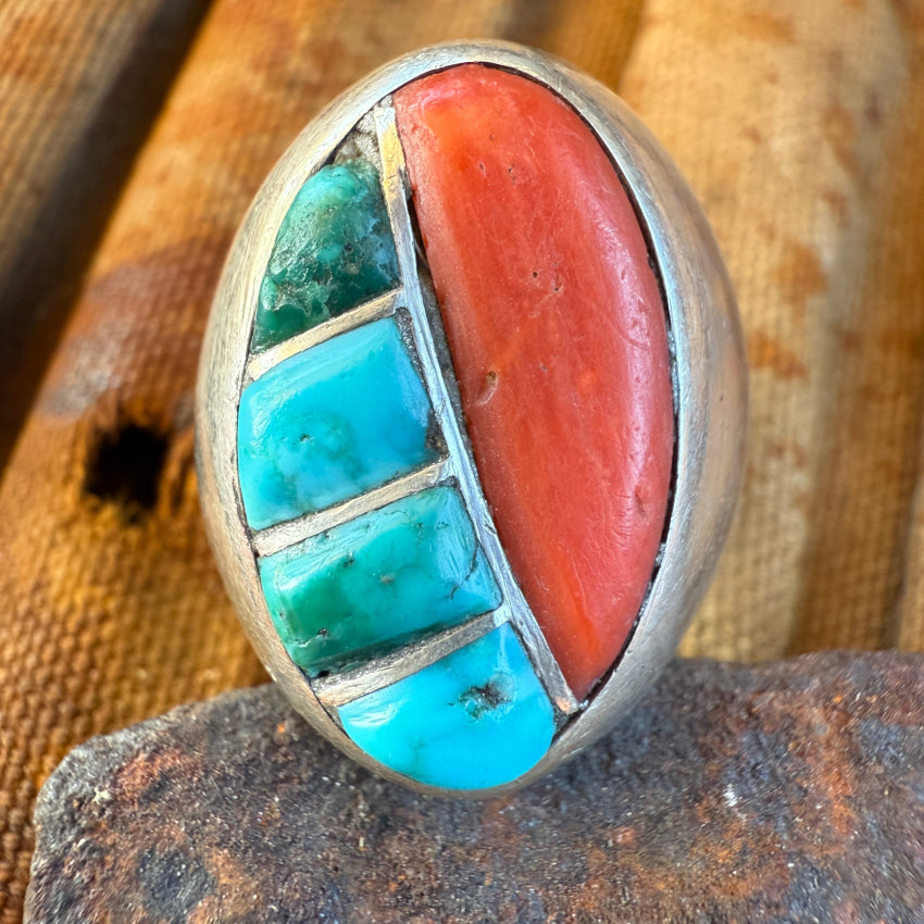 Vintage Navajo Sand Cast Sterling Silver Turquoise Coral Ring Size 9.5 ring