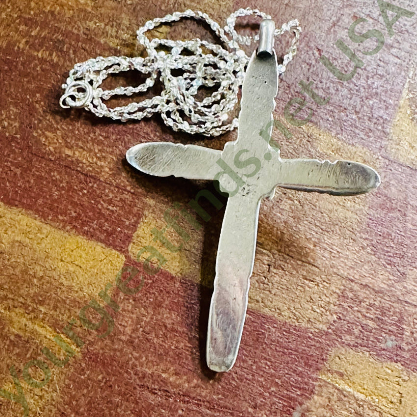Vintage Navajo Sand Cast Sterling Silver Turquoise Cross Necklace