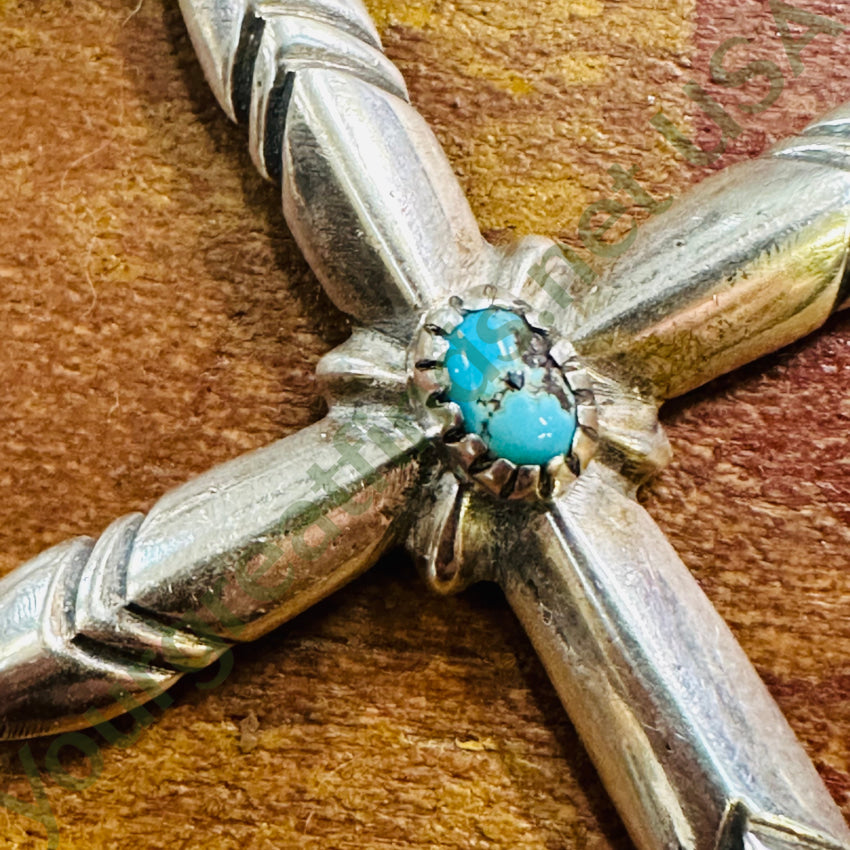 Vintage Navajo Sand Cast Sterling Silver Turquoise Cross Necklace
