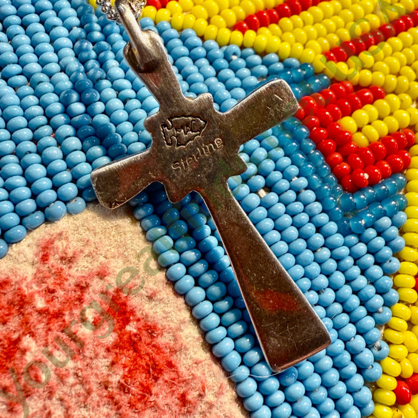 Vintage Navajo Sand Cast Sterling Silver & Turquoise Cross Necklace necklace