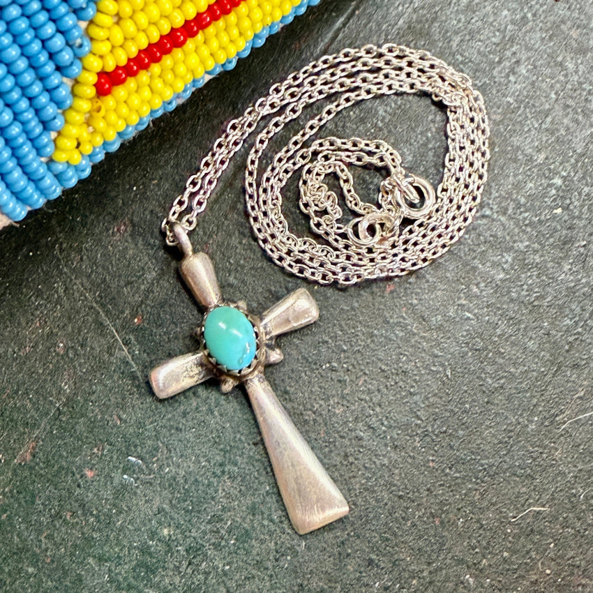 Vintage Navajo Sand Cast Sterling Silver & Turquoise Cross Necklace necklace