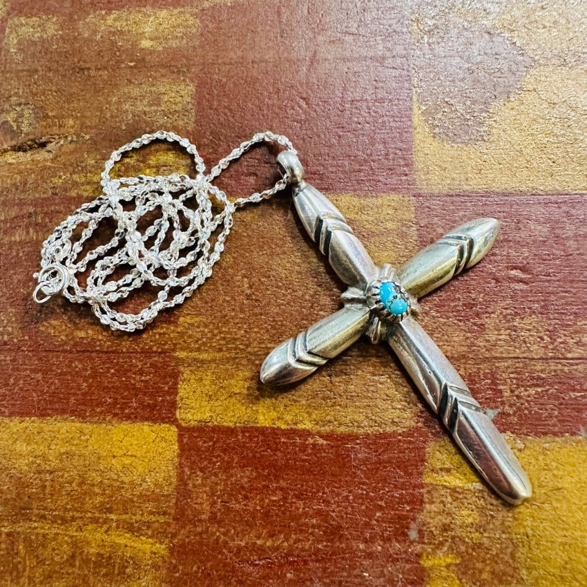Vintage Navajo Sand Cast Sterling Silver Turquoise Cross Necklace