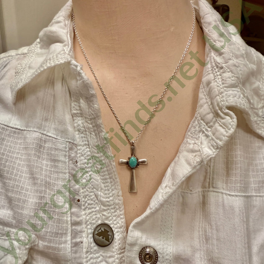 Vintage Navajo Sand Cast Sterling Silver & Turquoise Cross Necklace necklace