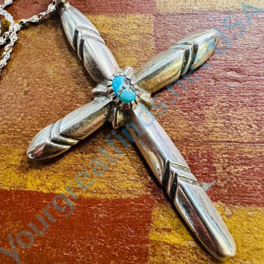 Vintage Navajo Sand Cast Sterling Silver Turquoise Cross Necklace