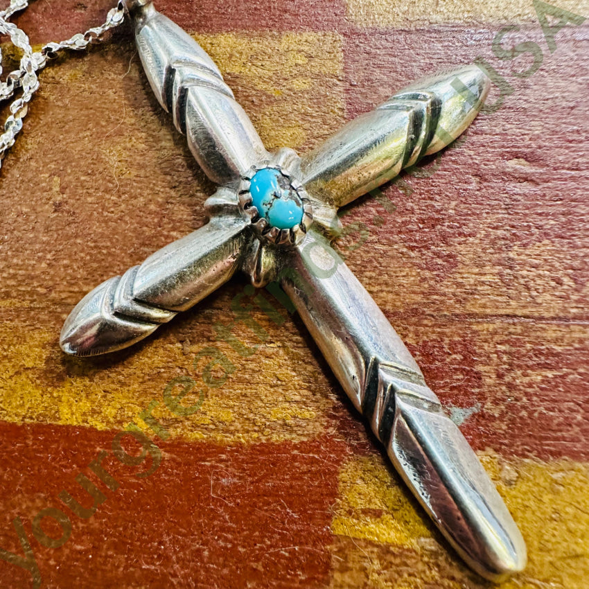 Vintage Navajo Sand Cast Sterling Silver Turquoise Cross Necklace