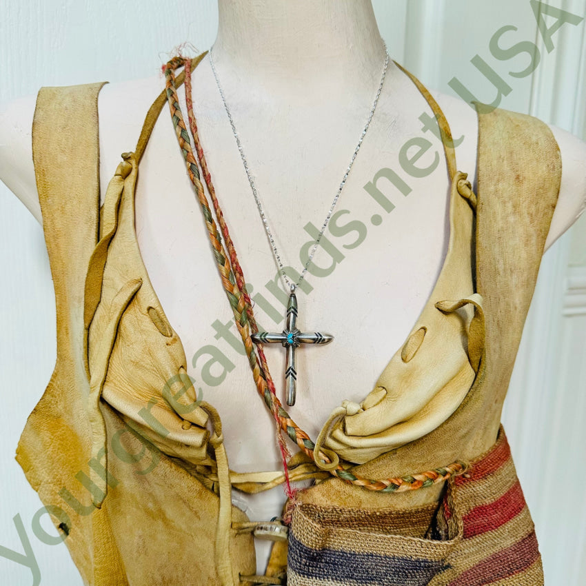 Vintage Navajo Sand Cast Sterling Silver Turquoise Cross Necklace