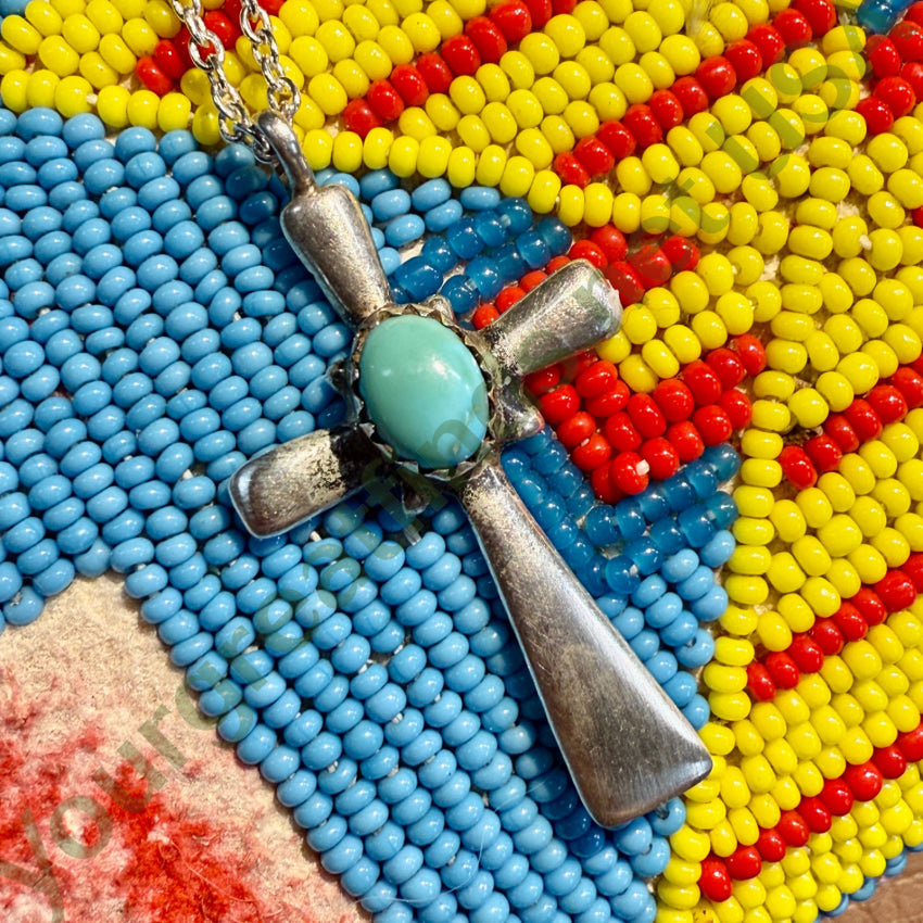 Vintage Navajo Sand Cast Sterling Silver & Turquoise Cross Necklace necklace