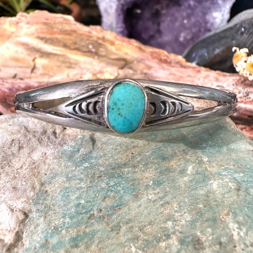 Vintage Navajo Sand Cast Sterling Silver Turquoise Cuff Bracelet