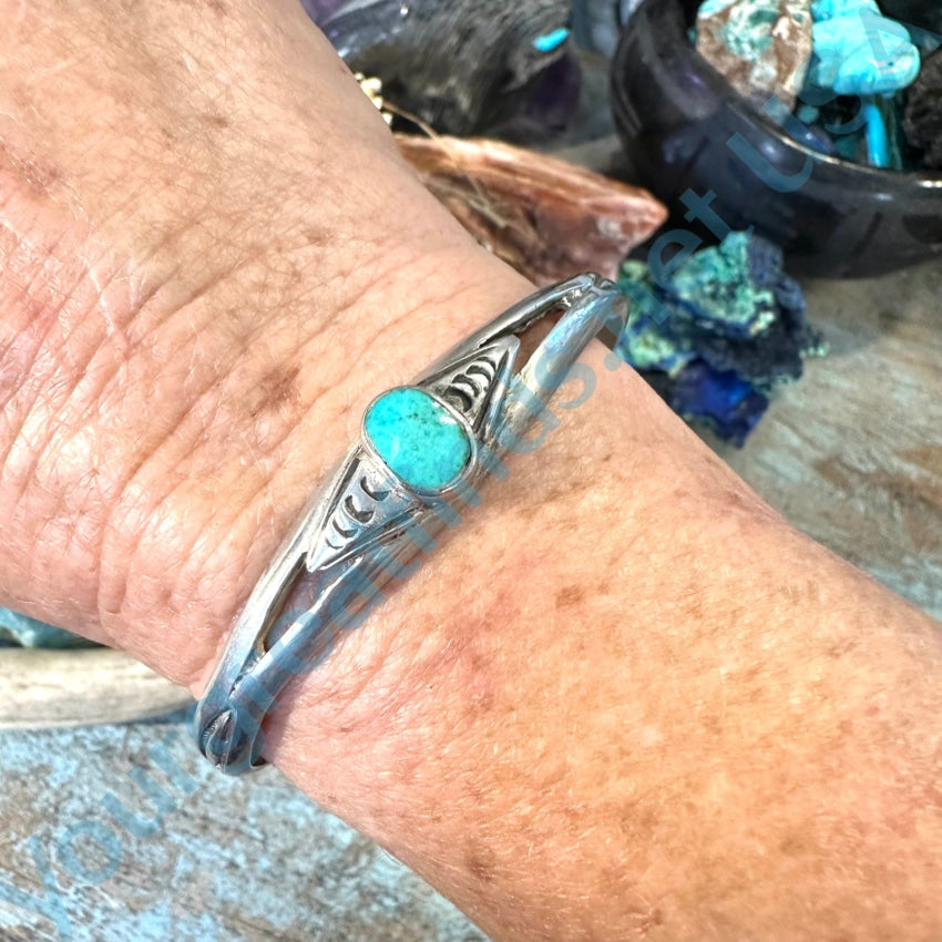 Vintage Navajo Sand Cast Sterling Silver Turquoise Cuff Bracelet