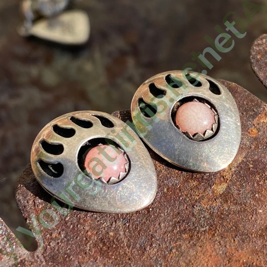 Vintage Navajo Shadowbox Bear Track Stud Earrings Rose Quartz Yourgreatfinds