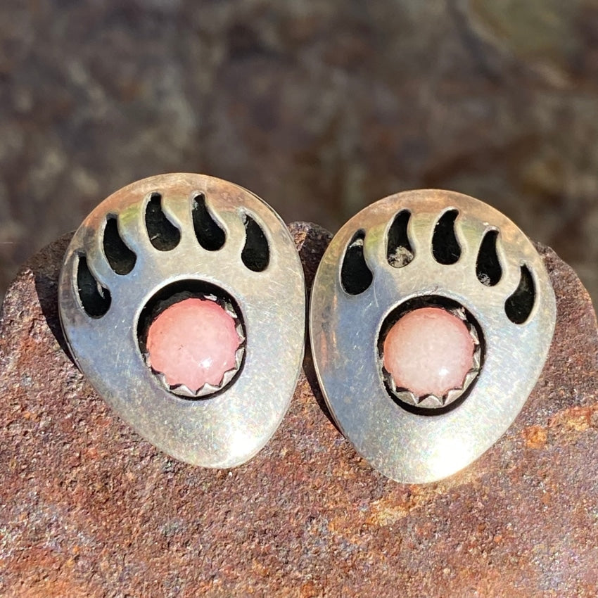 Vintage Navajo Shadowbox Bear Track Stud Earrings Rose Quartz Yourgreatfinds