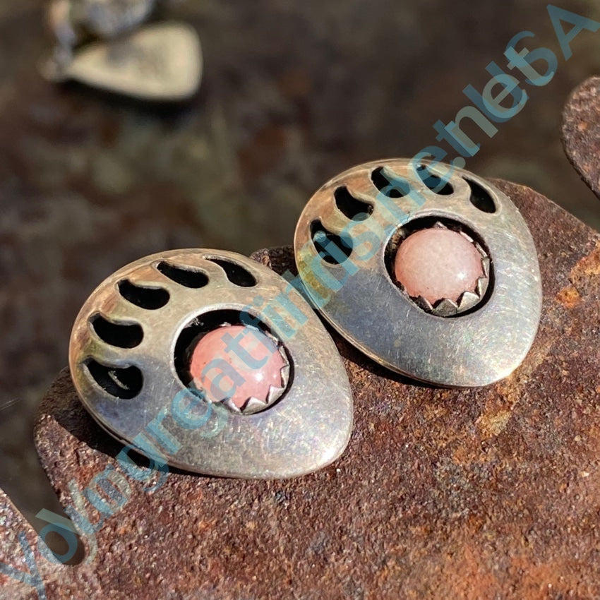 Vintage Navajo Shadowbox Bear Track Stud Earrings Rose Quartz Yourgreatfinds