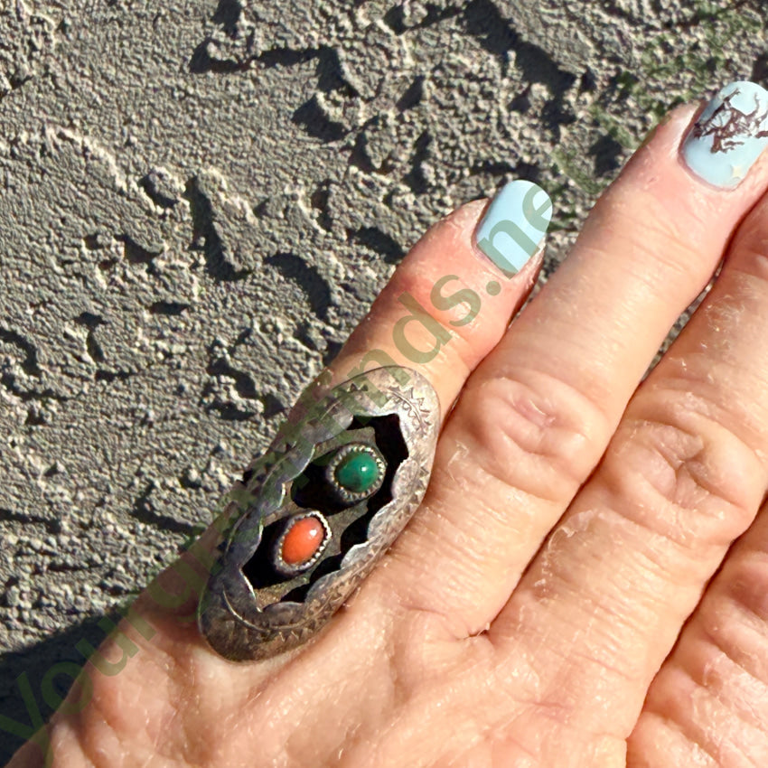 Vintage Navajo Shadowbox Ring Sterling Silver Turquoise Coral 5 Ring