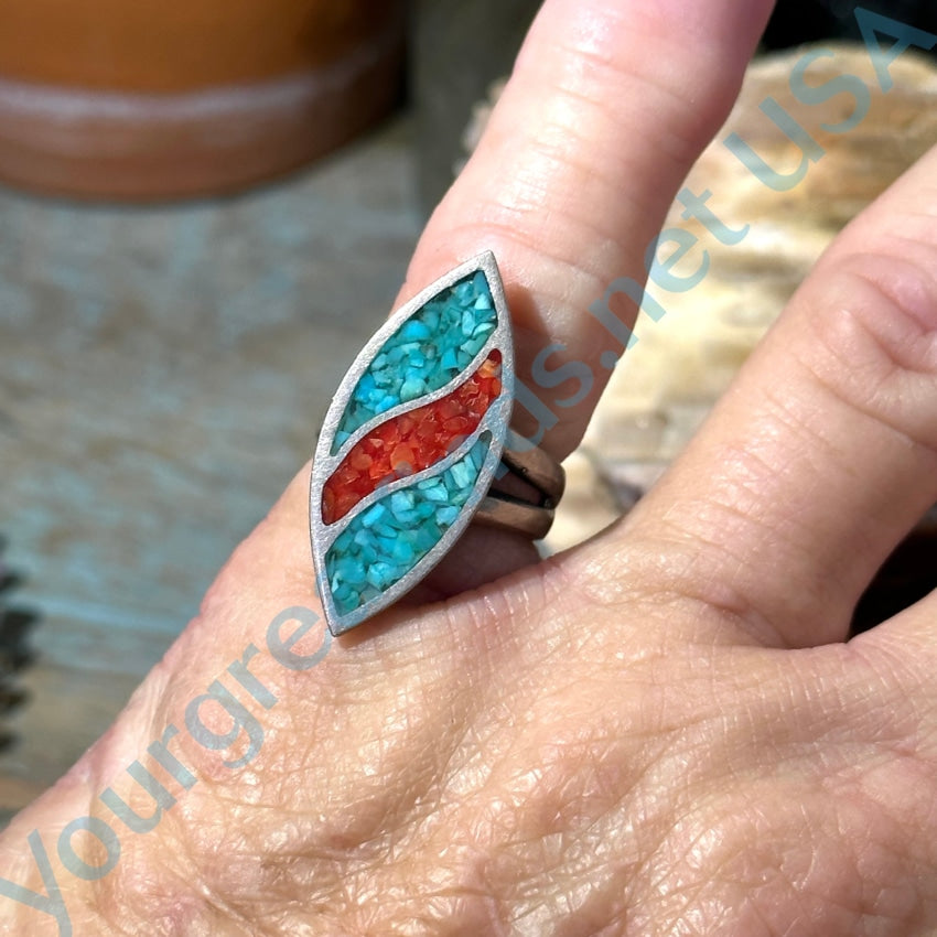 Vintage Navajo Shiprock Mosaic Red Turquoise Ring Adjustable