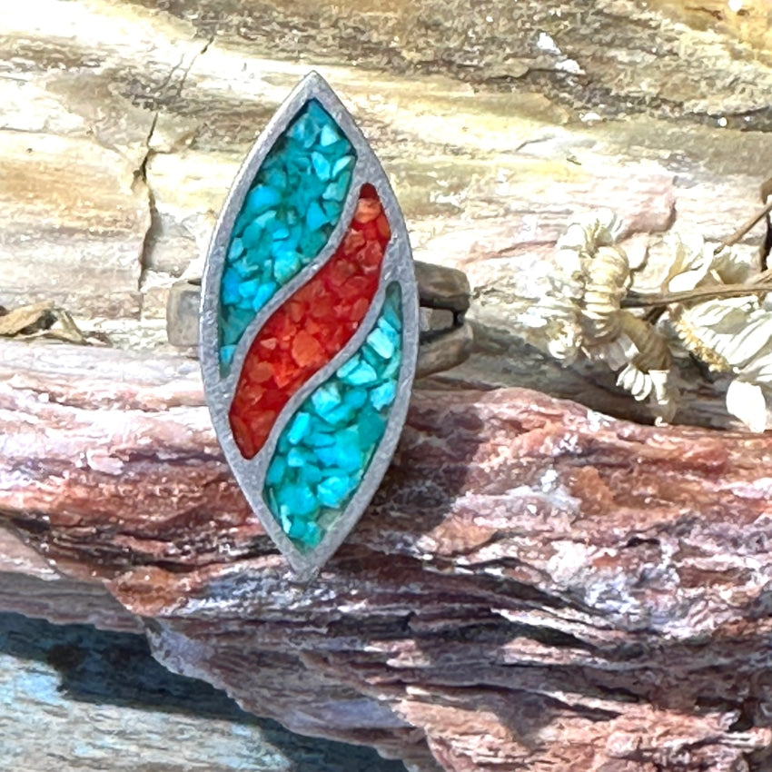 Vintage Navajo Shiprock Mosaic Red Turquoise Ring Adjustable