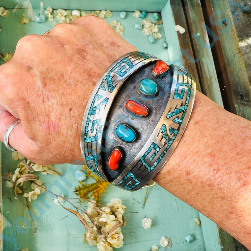 Vintage Navajo Shiprock Mosaic Shadowbox Row Bracelet Turquoise Coral