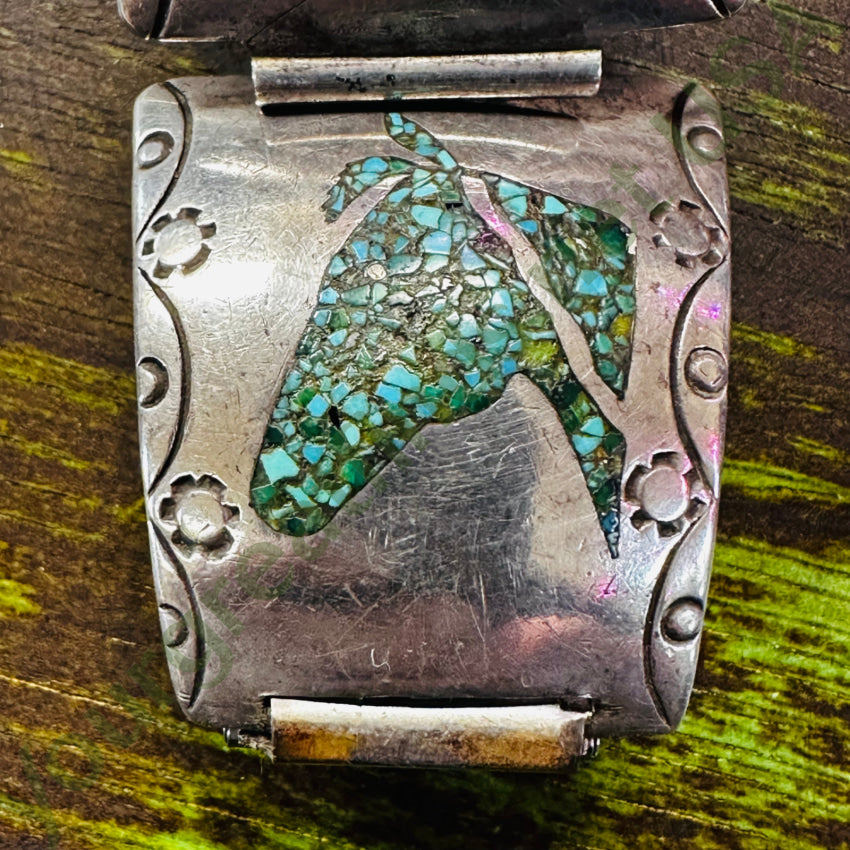 Vintage Navajo Shiprock Turquoise Mosaic Horse Sterling Silver Watch Band Watchband