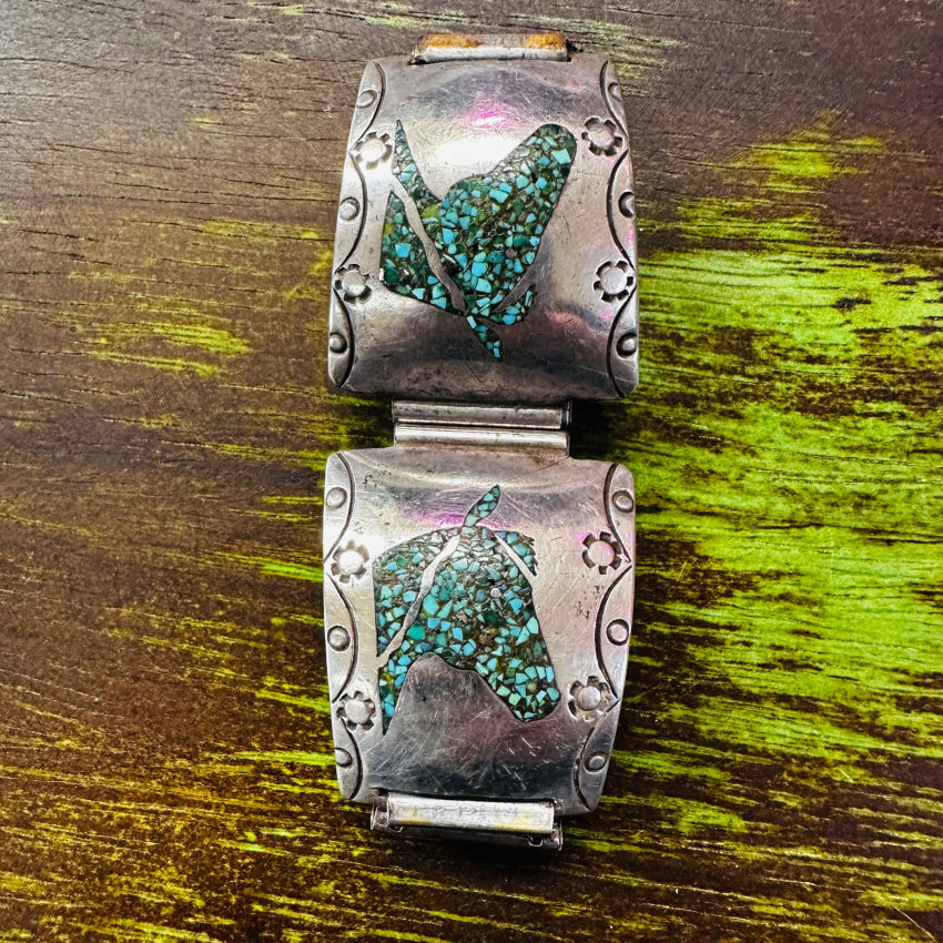 Vintage Navajo Shiprock Turquoise Mosaic Horse Sterling Silver Watch Band Watchband