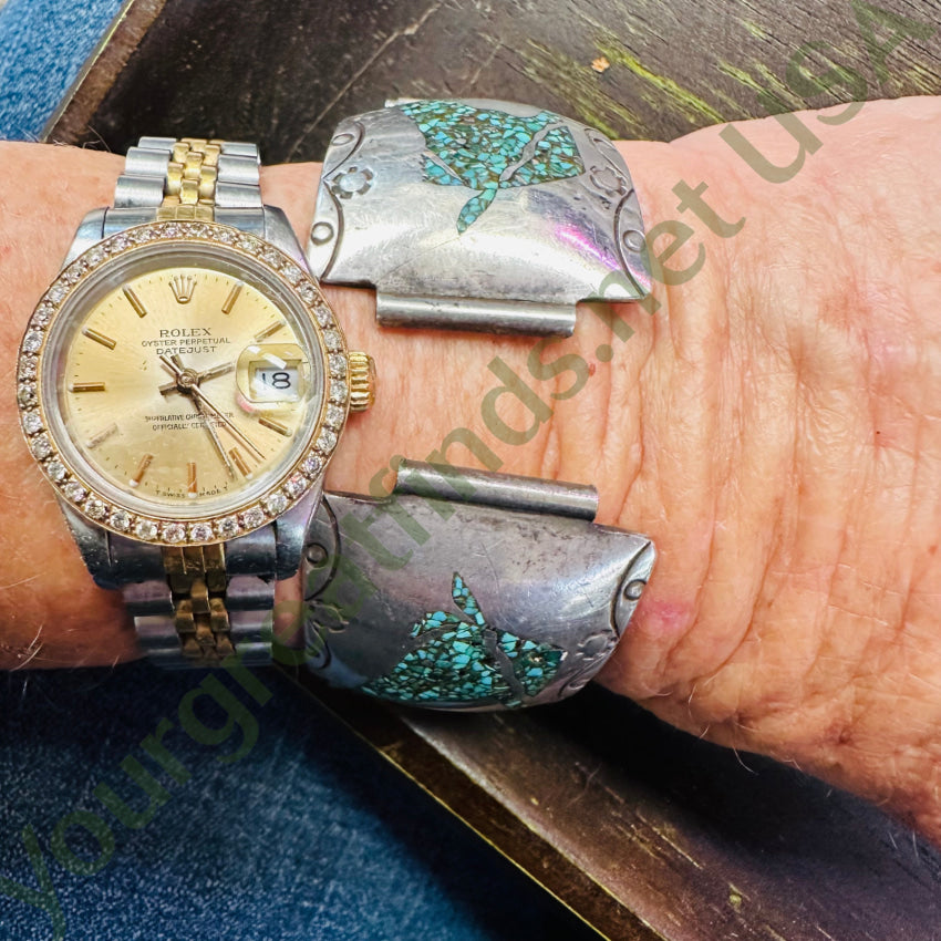 Vintage Navajo Shiprock Turquoise Mosaic Horse Sterling Silver Watch Band Watchband